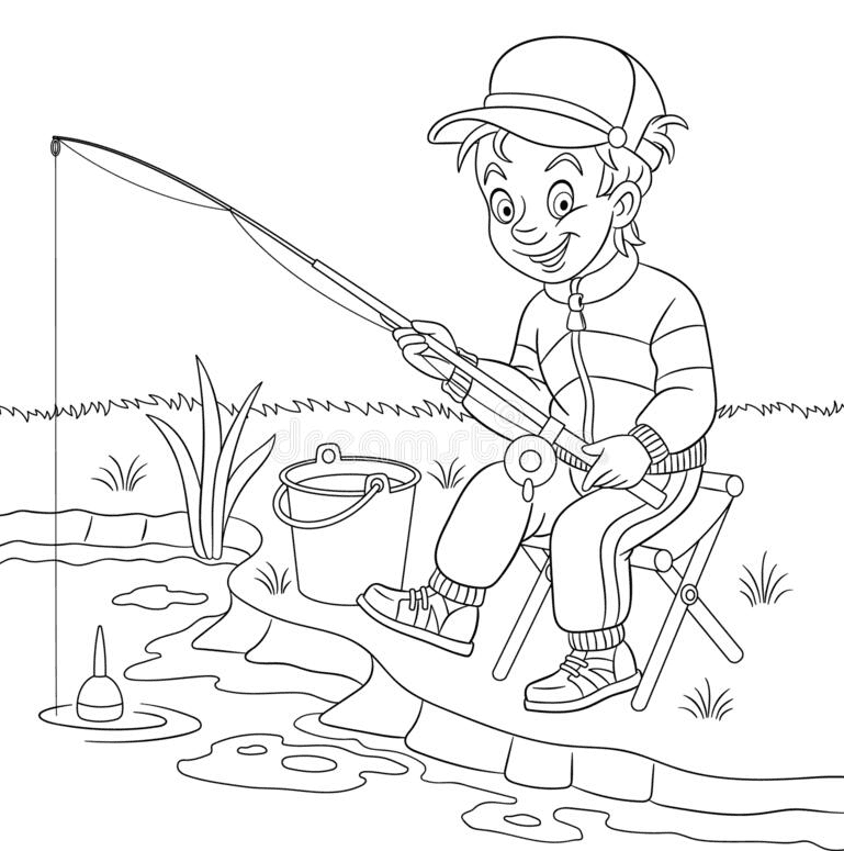 Desenho para colorir de menino pescando