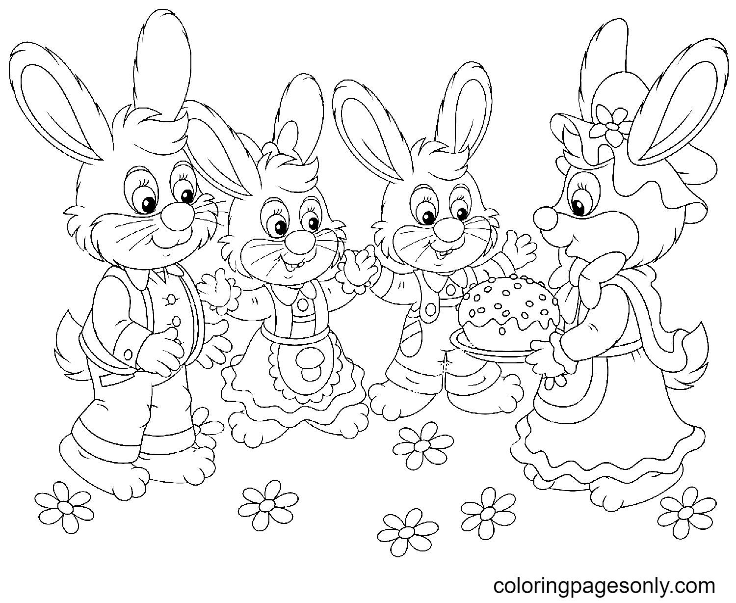 Bunnies with an Easter cake Coloring Page