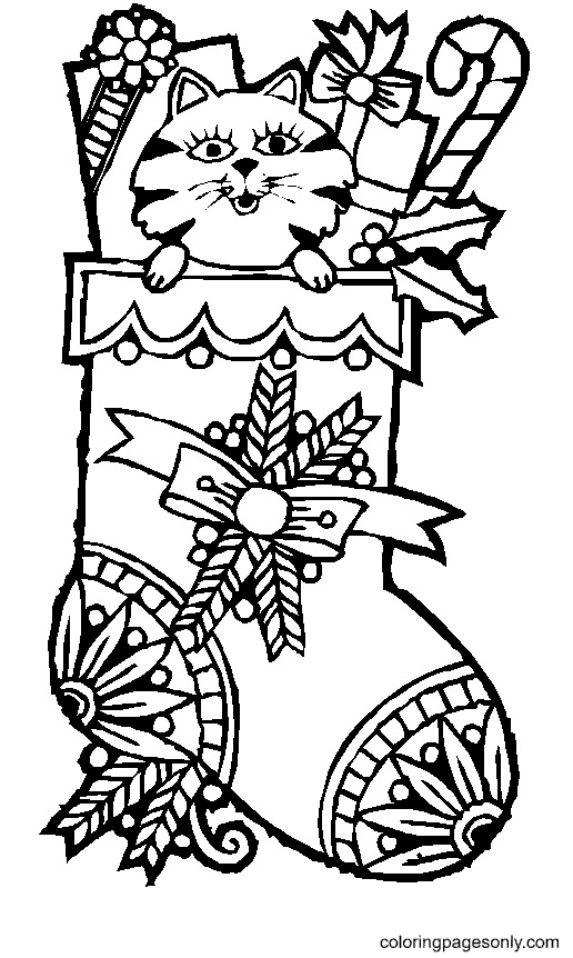 Cat In Christmas Stocking Coloring Page