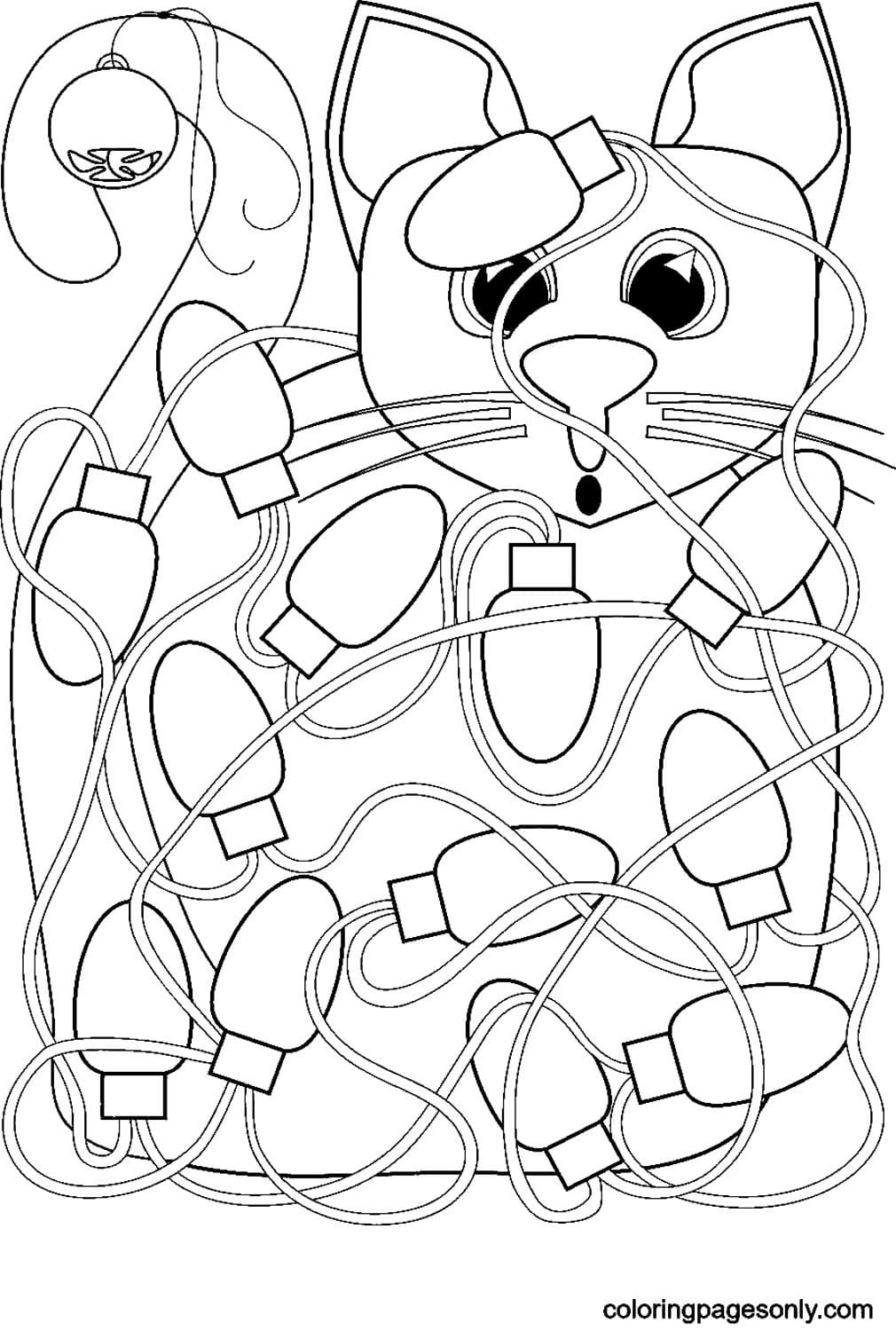 Cat Tangled In Christmas Lights Coloring Pages