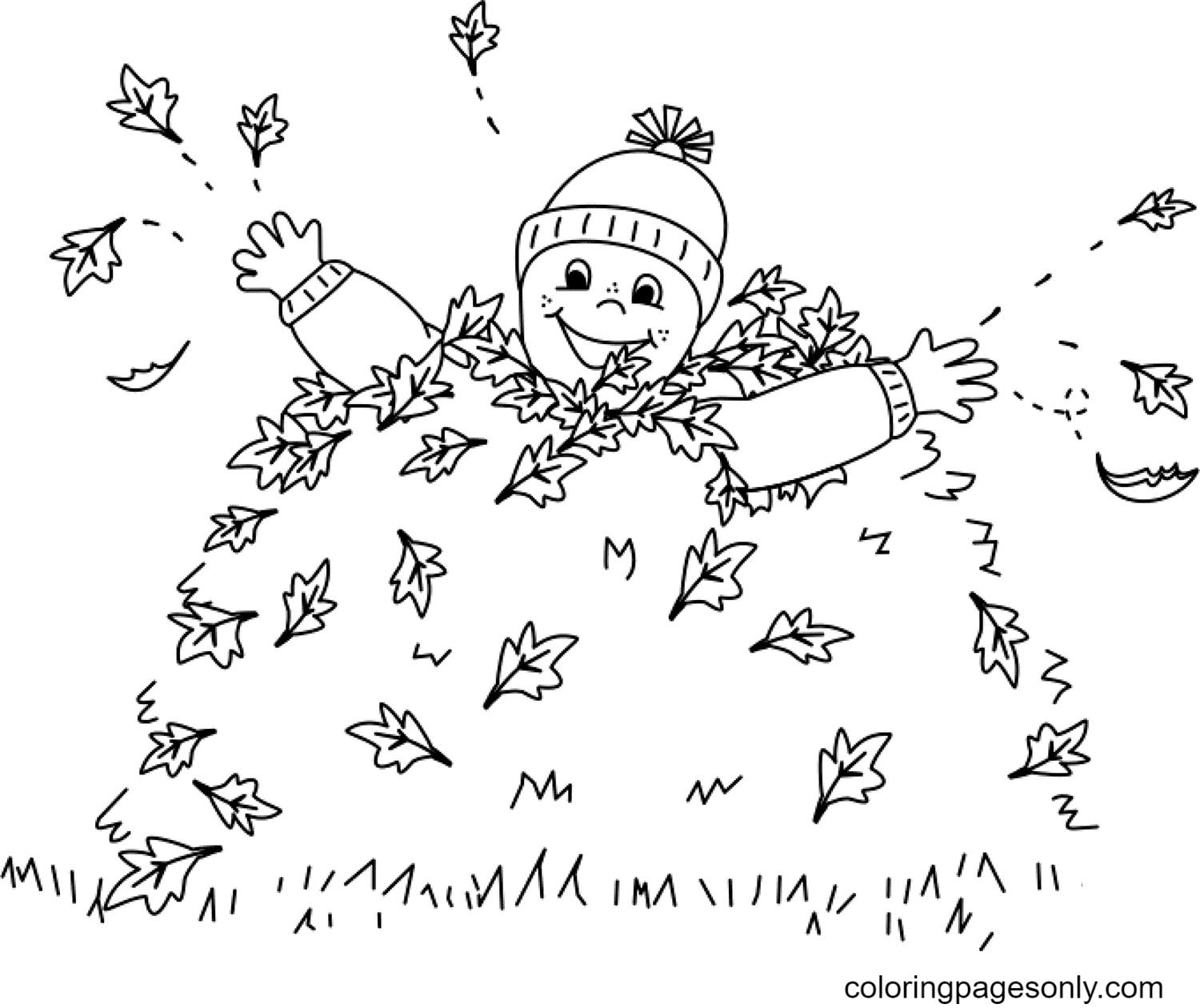 Child Playing in Leaves Coloring Page
