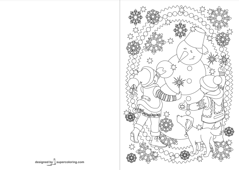 Children and Snowman are Celebrating Happy New Year Card Coloring Pages