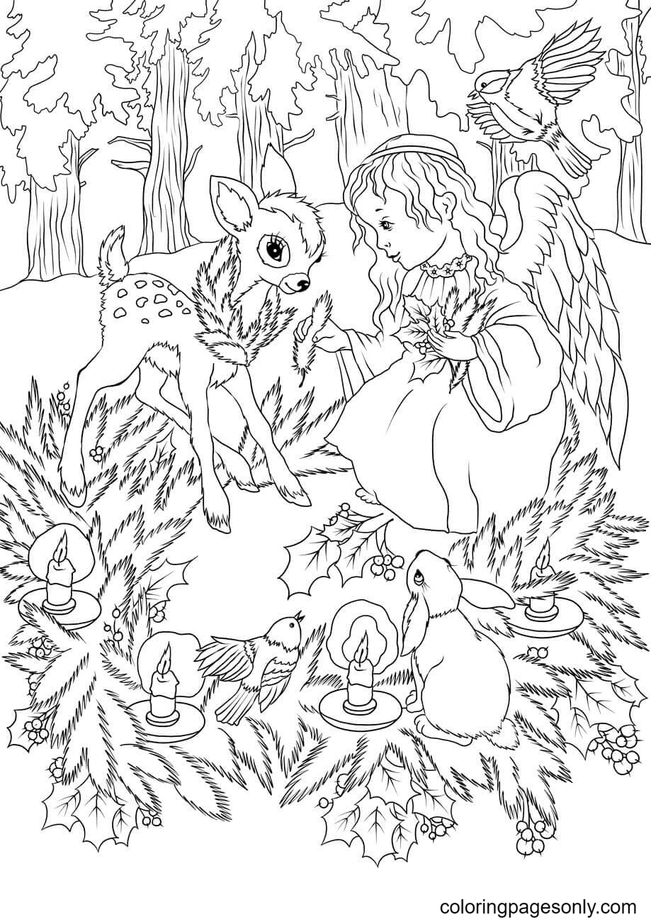 Christmas Angel with Animals Coloring Pages