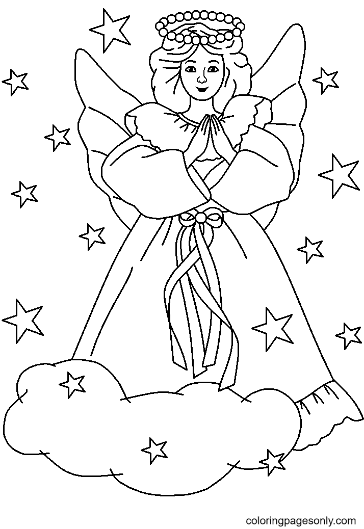 Christmas Angel with Clouds and Stars Coloring Page