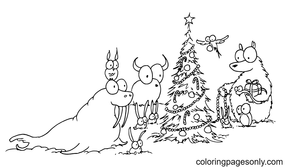 Christmas Animals and Tree Coloring Page