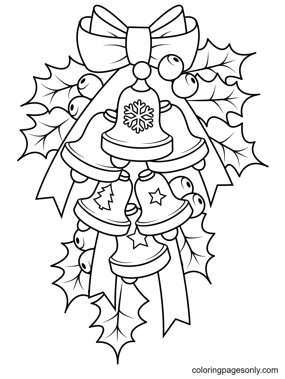 Christmas Bells and Holly Coloring Page