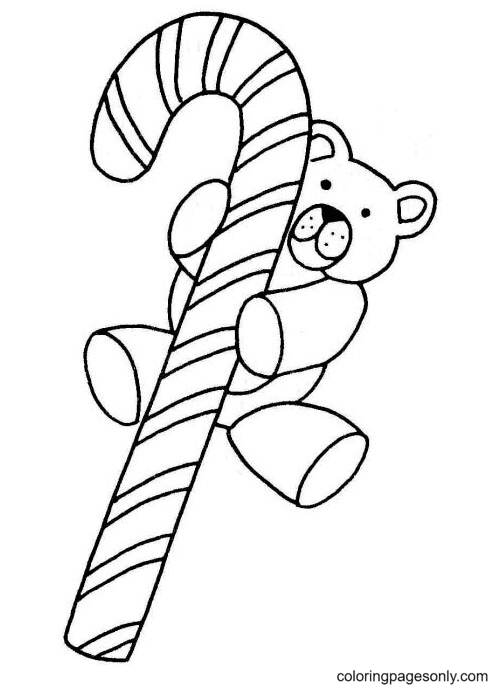 Christmas Candy Cane with Bear Coloring Page