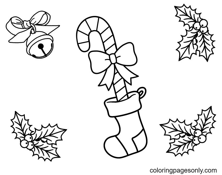 Christmas Candy Cane with Bells and Holly Coloring Page