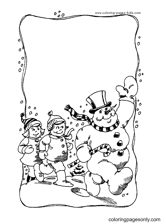 Christmas Card with Snowman and Kids Coloring Page