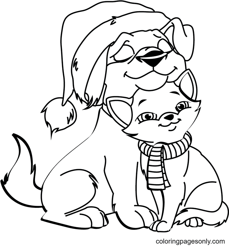 Christmas Cat and Dog Coloring Page