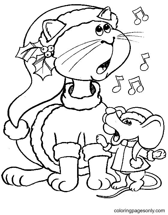 Christmas Cat and Mouse Coloring Page