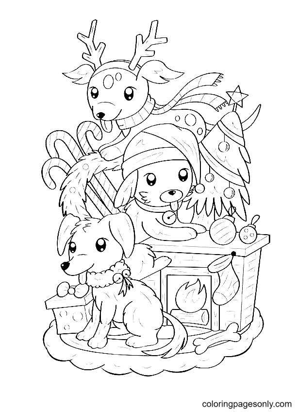 Christmas Dog and Reindeer Coloring Page
