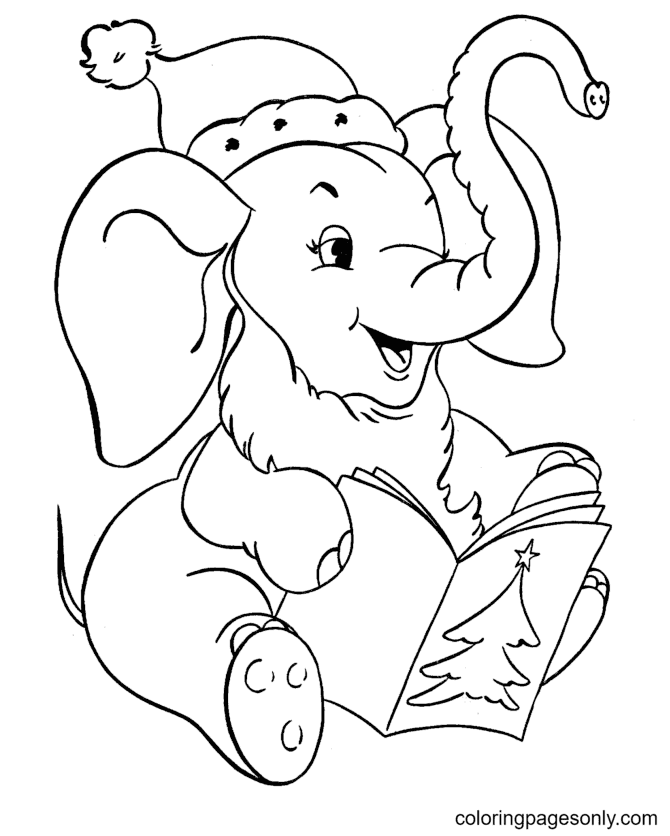 Christmas Elephant with Book Coloring Page