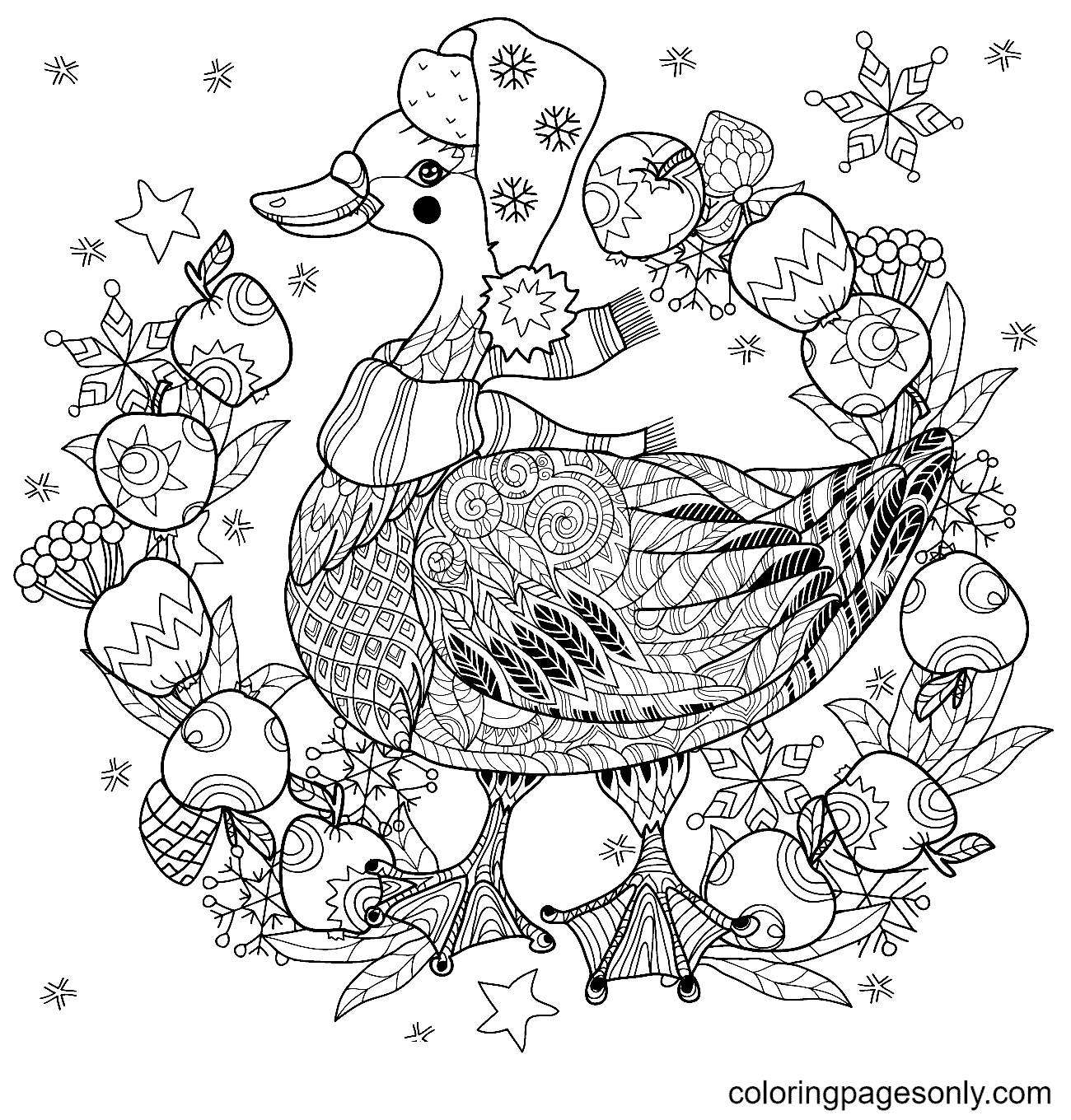 Christmas Goose with Apples Zentangle Coloring Page