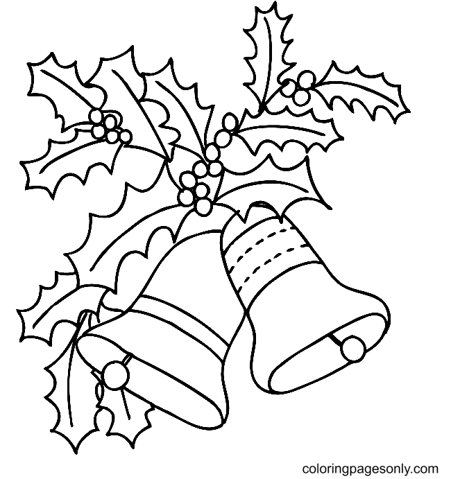 Christmas Holly with Bells Coloring Page