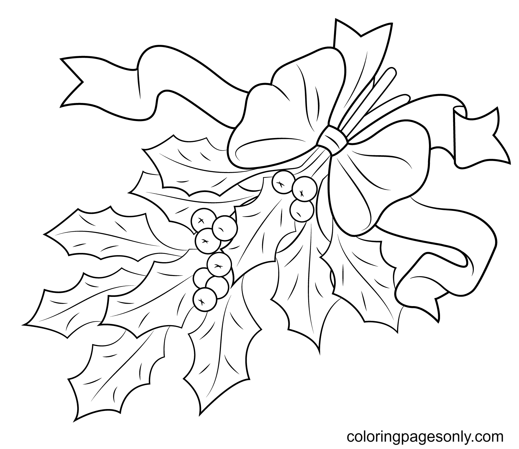 Christmas Holly with Bow Coloring Pages