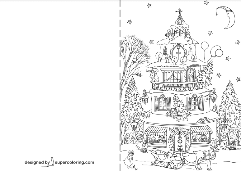 Christmas House Greeting Card Coloring Pages