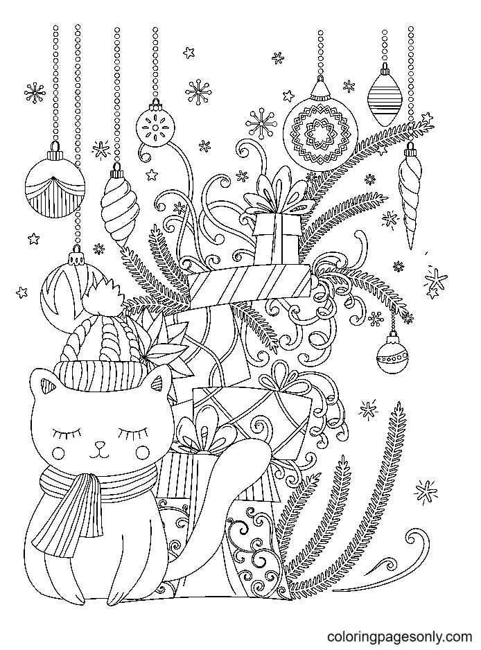Christmas Kitten Coloring Page