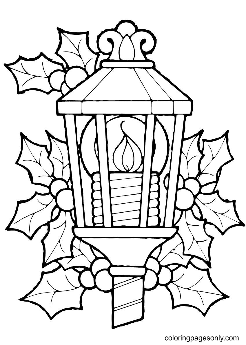 Christmas Lantern And Holly Coloring Pages