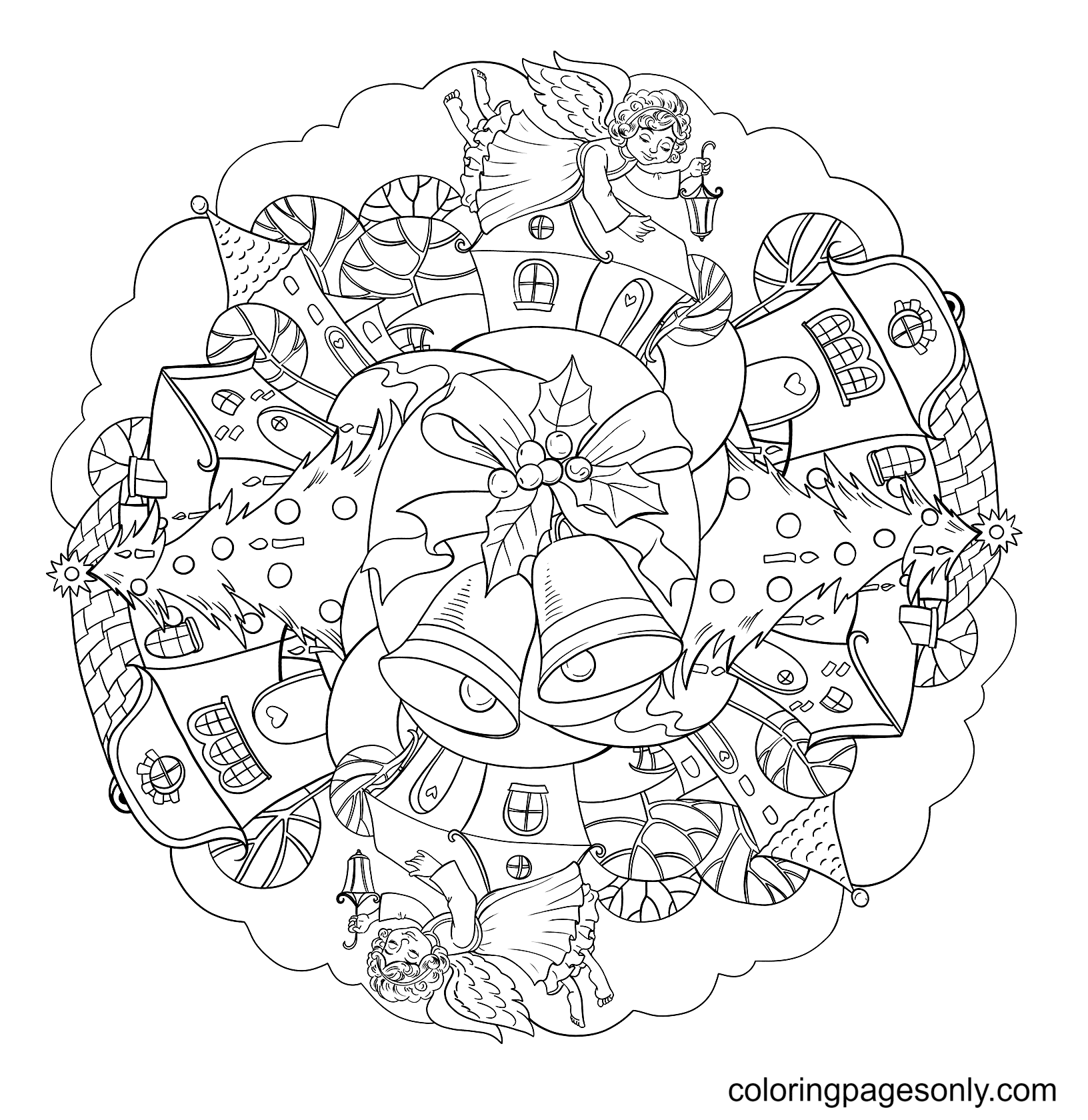 Christmas Mandala with Bell and Angel in Town Coloring Page