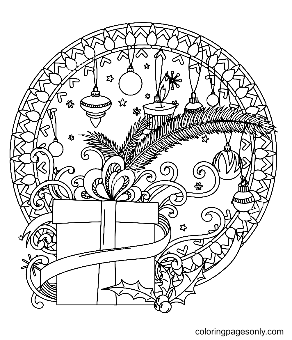Christmas Mandala with Decorations, Gifts, Balls and Ribbons Coloring Page