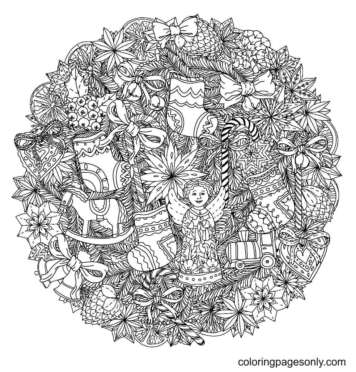 Christmas Mandala with Decorations and Angel Coloring Page