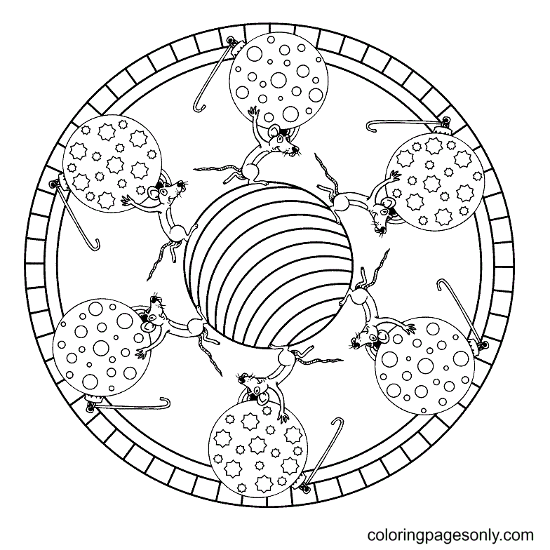 Christmas Mandala with Decorations and Mouses Coloring Pages
