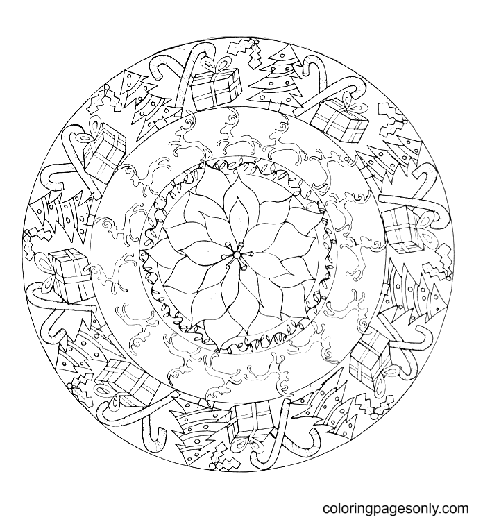 Christmas Mandala with Gift box, Cane Candy and Christmas Tree Coloring Page