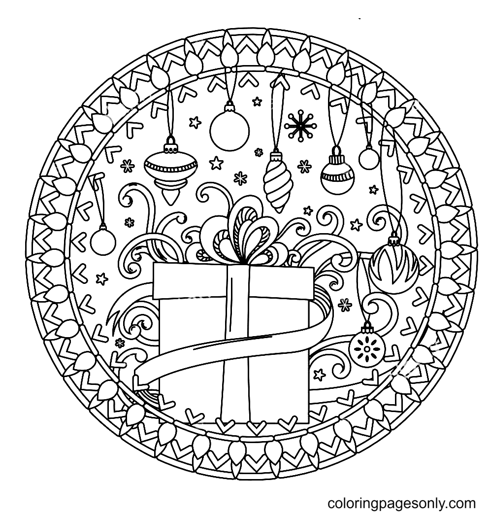 Christmas Mandala with Gifts, Balls and Ribbond Coloring Page