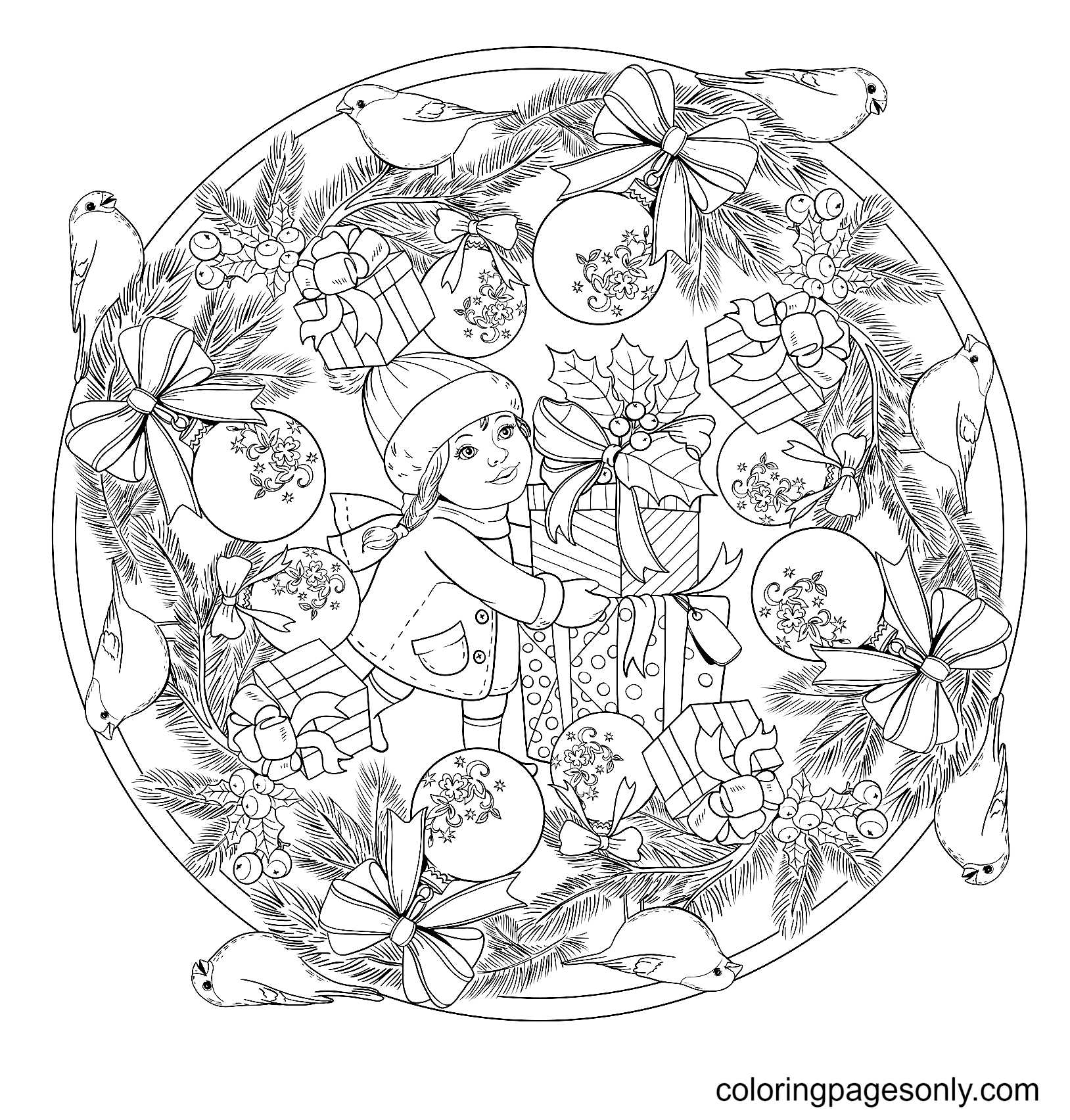 Christmas Mandala with Little Girl, Presents and Bullfinch Coloring Pages