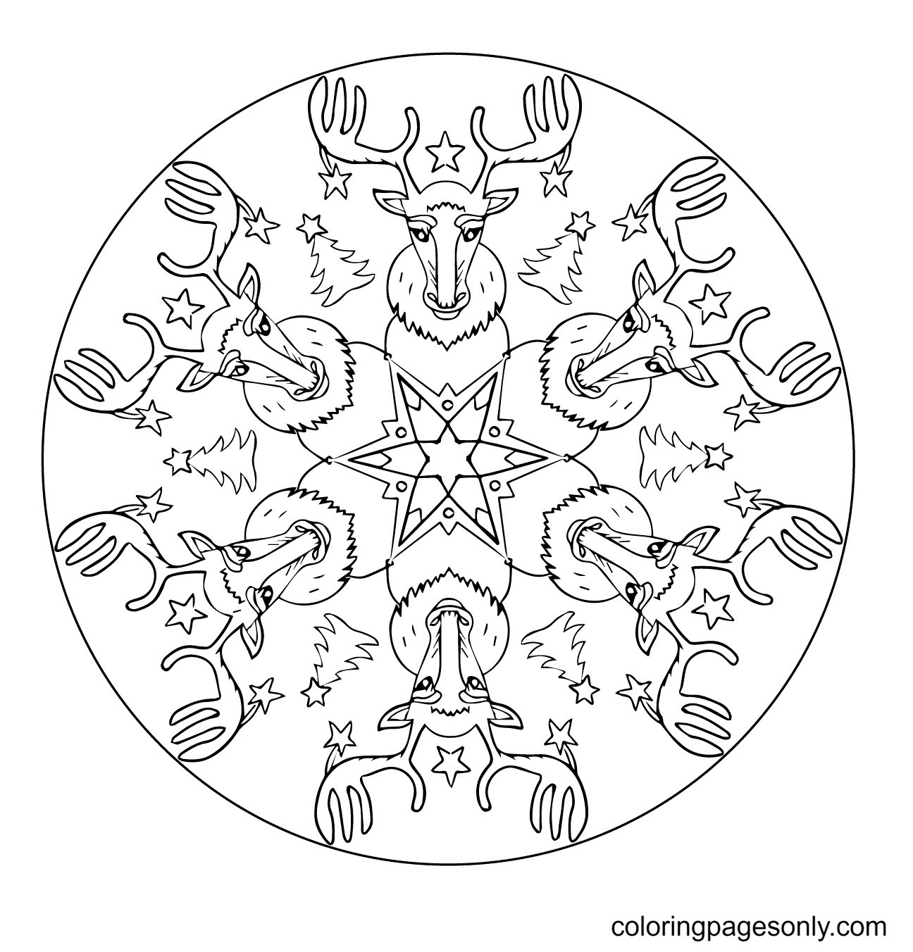 Christmas Mandala with Reindeers Coloring Pages