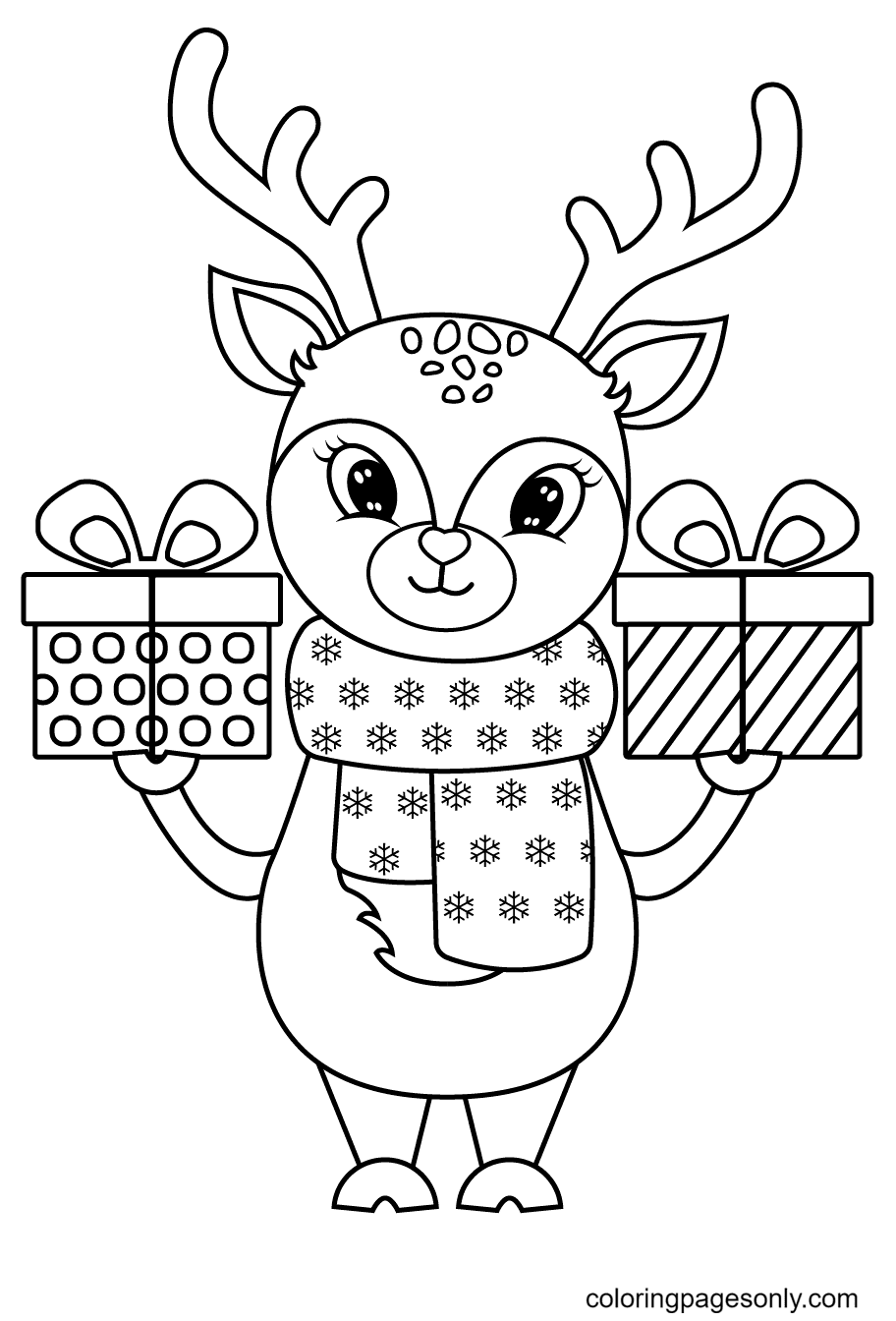 Christmas Reindeer With Two Gift Boxes Coloring Page