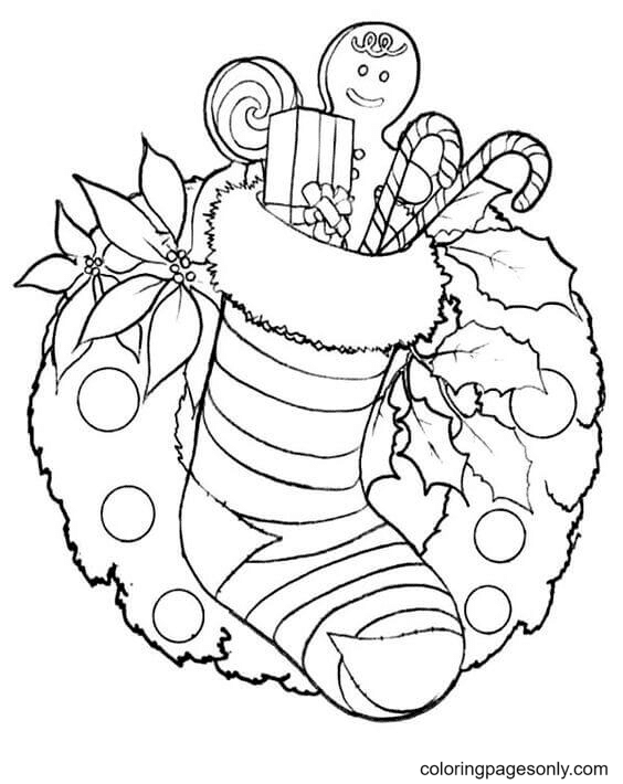 Christmas Stocking And Wreath Coloring Pages