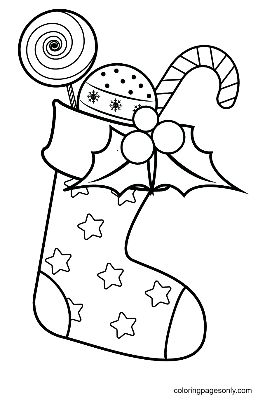 Christmas Stocking, Candy Lollipop, Chocolate Ball, and Candy Cane Coloring Page