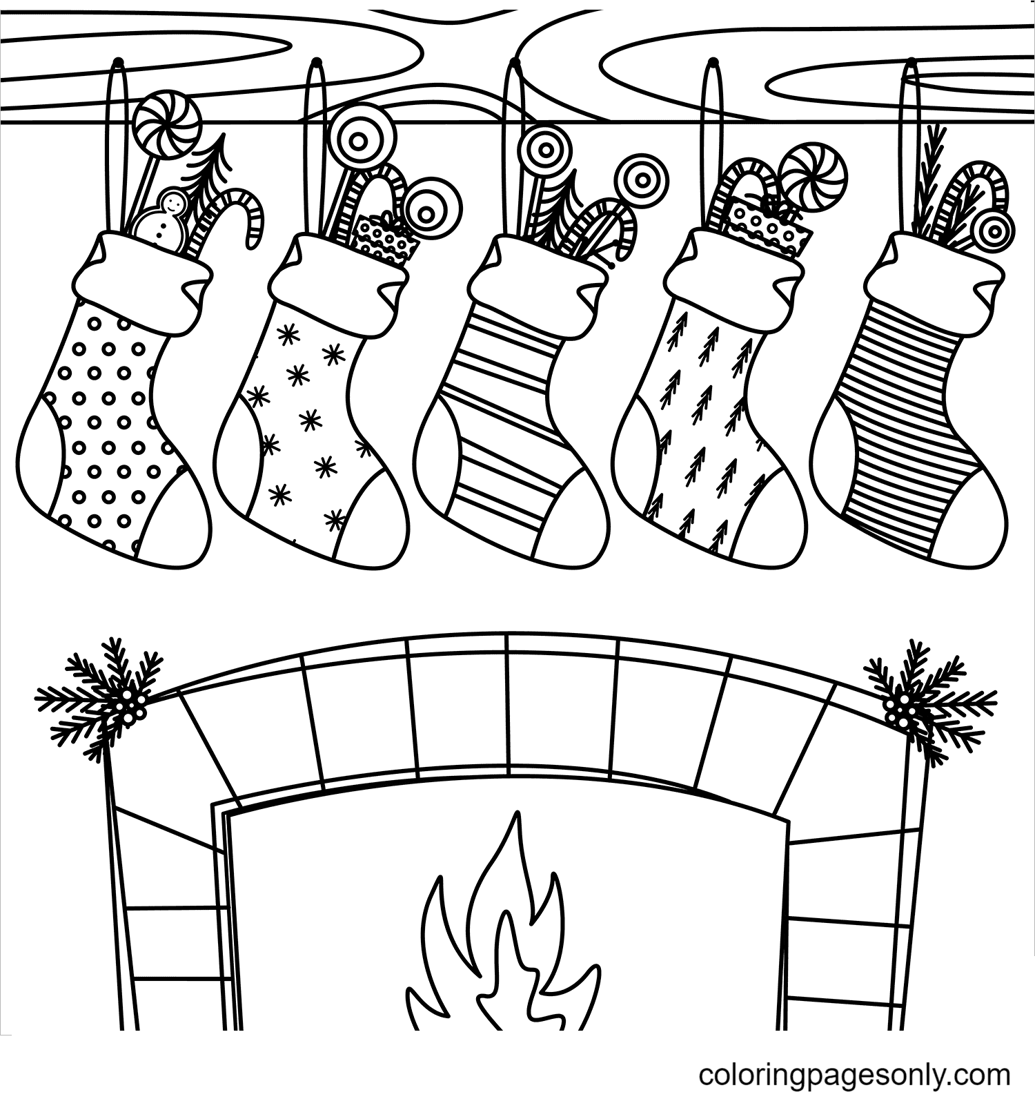 Christmas Stocking Fireplace Coloring Page