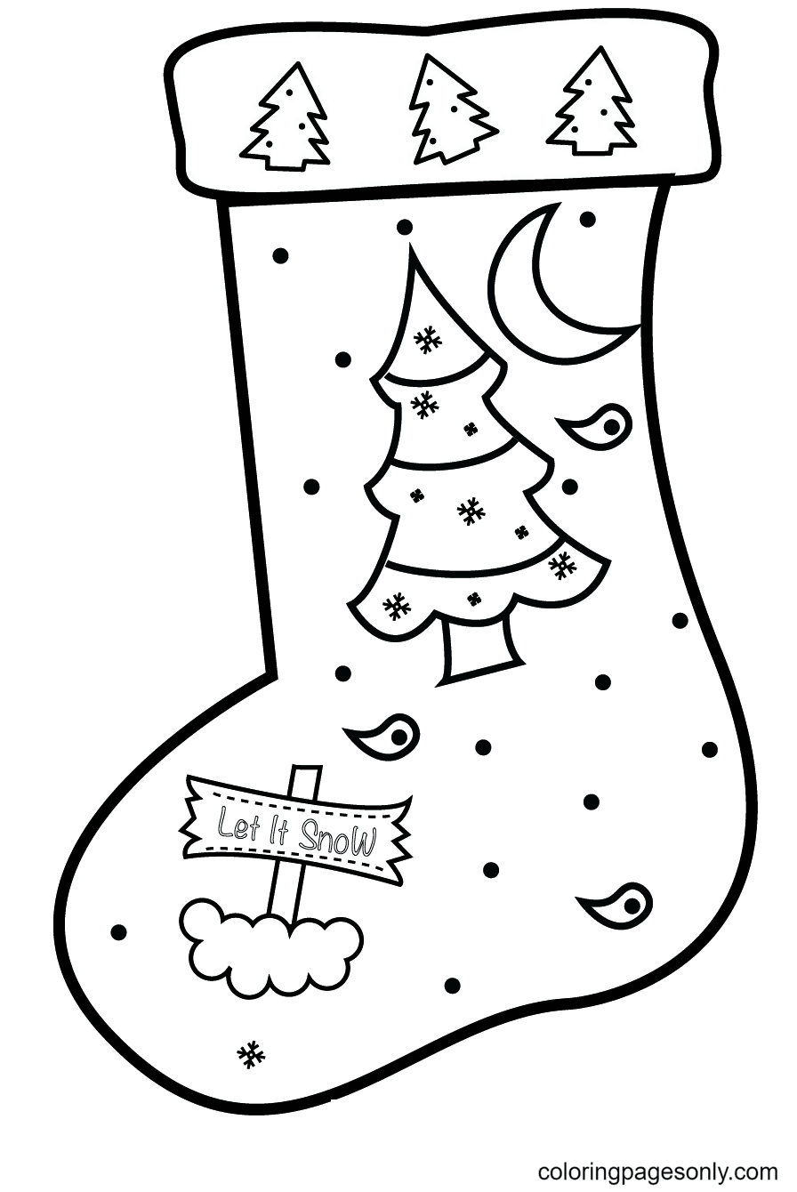 Christmas Stocking with Christmas Tree and Moon Coloring Page