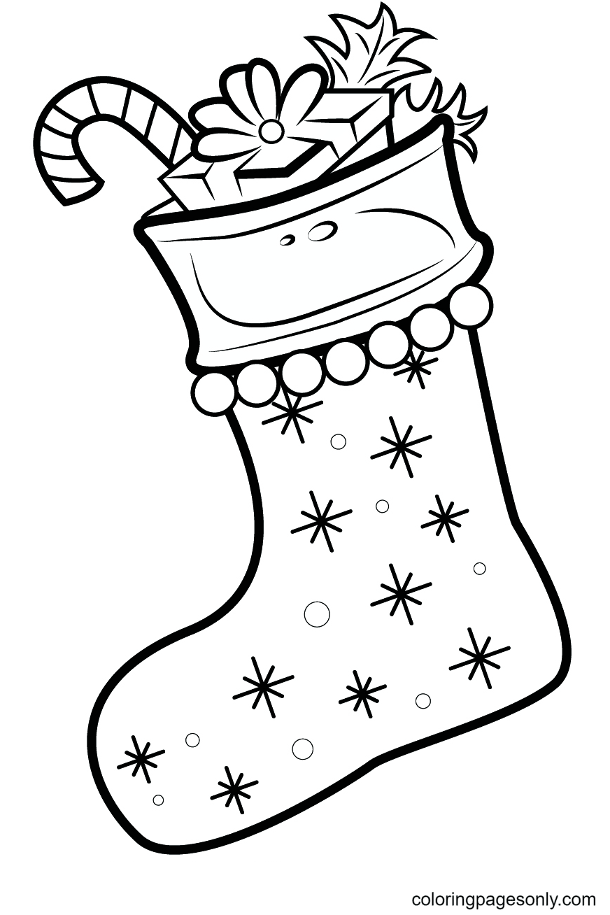 Christmas Stocking with Gift Box, Candy Cane and Christmas Holly Coloring Page