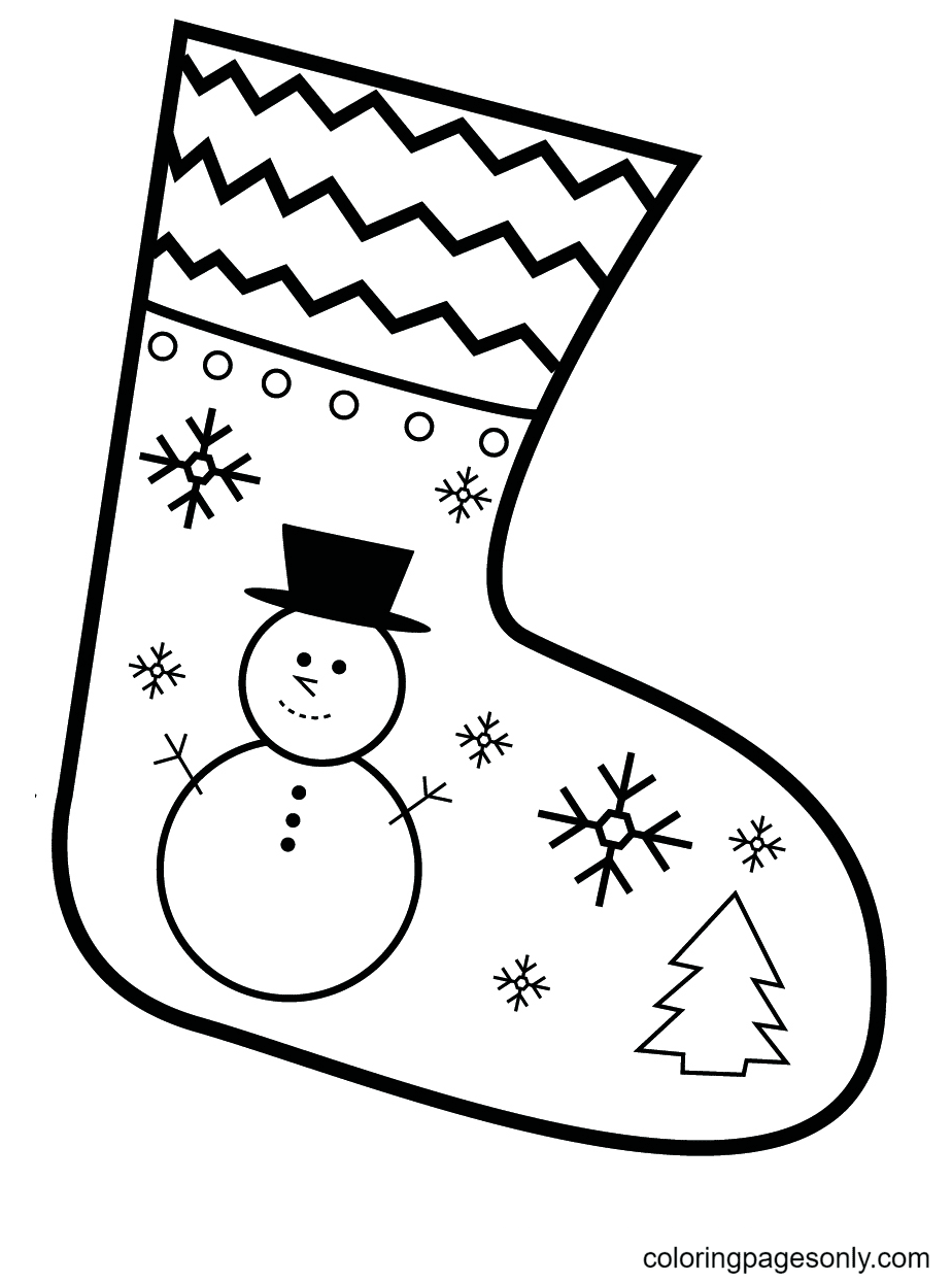Christmas Stocking with Snowman, Snowflake and Christmas Tree Coloring Pages