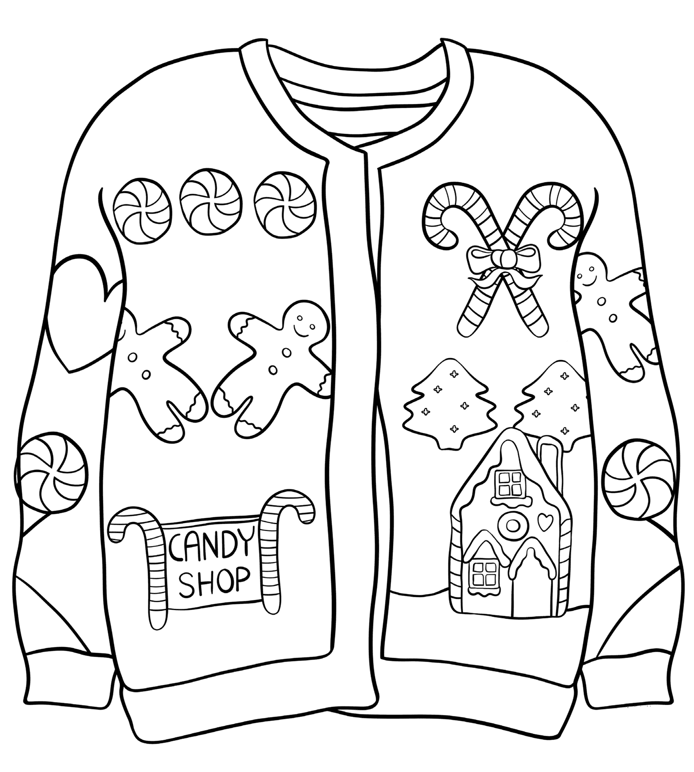 Christmas Sweater with Candy Shop Coloring Page