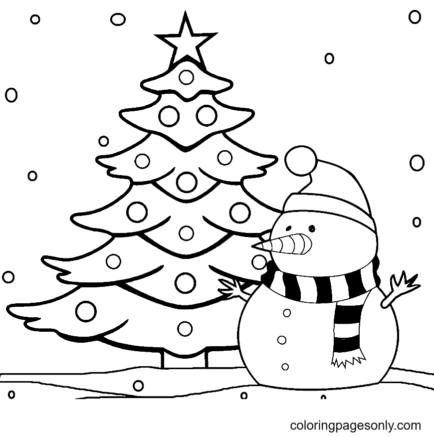 Pagina da colorare di albero di Natale e pupazzo di neve