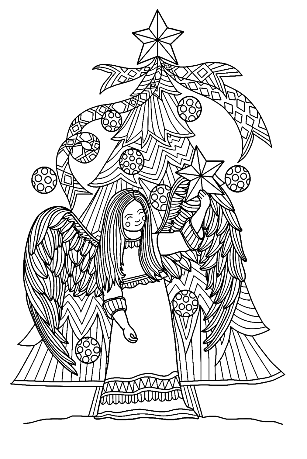 Christmas Tree with An Angel Coloring Page