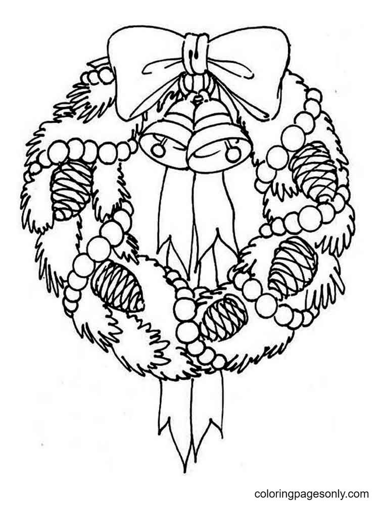 Christmas Wreath with Bells and Bow Coloring Pages