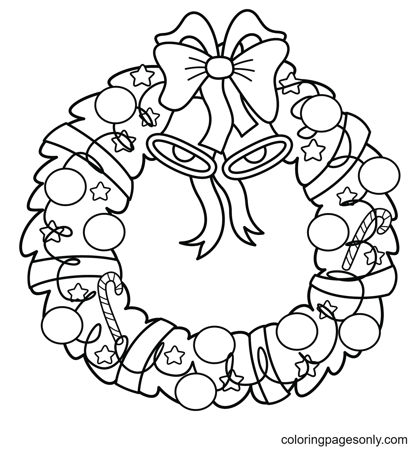 Christmas Wreath with Bells Coloring Page