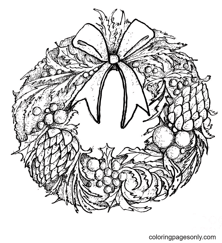 Christmas Wreath with Decorations and Bow Coloring Page