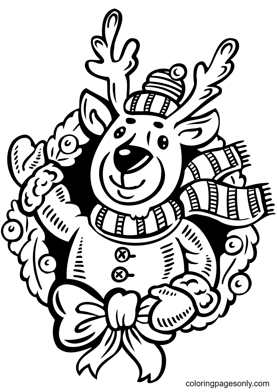 Christmas Wreath with Reindeer Coloring Page