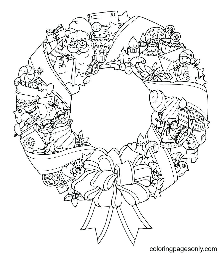Christmas Wreath with Santa Claus and Decorations Coloring Page