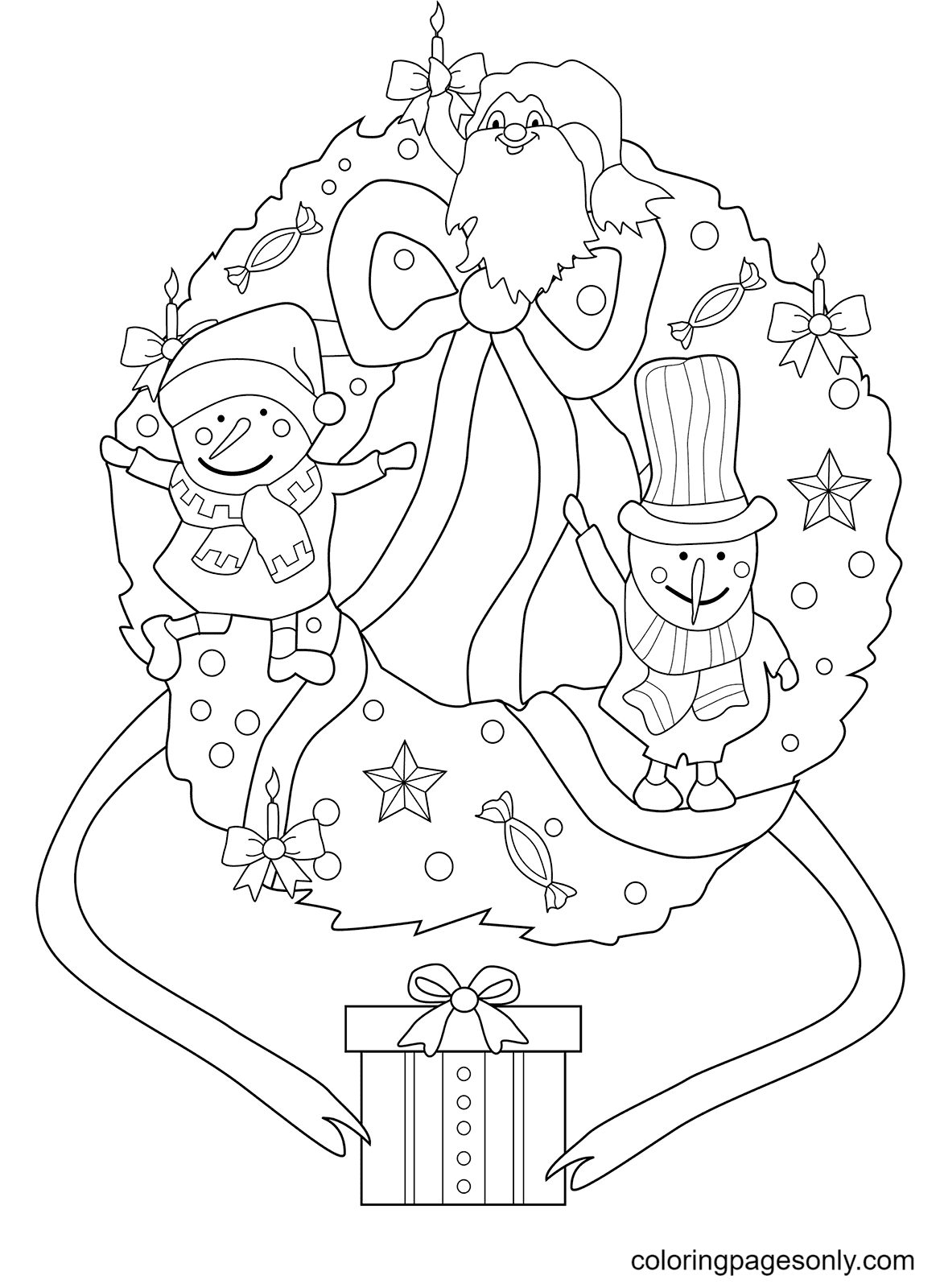 Christmas Wreath with Snowmen and Elf Coloring Pages