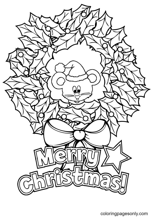 Christmas Wreath with Teddy Bear Coloring Page