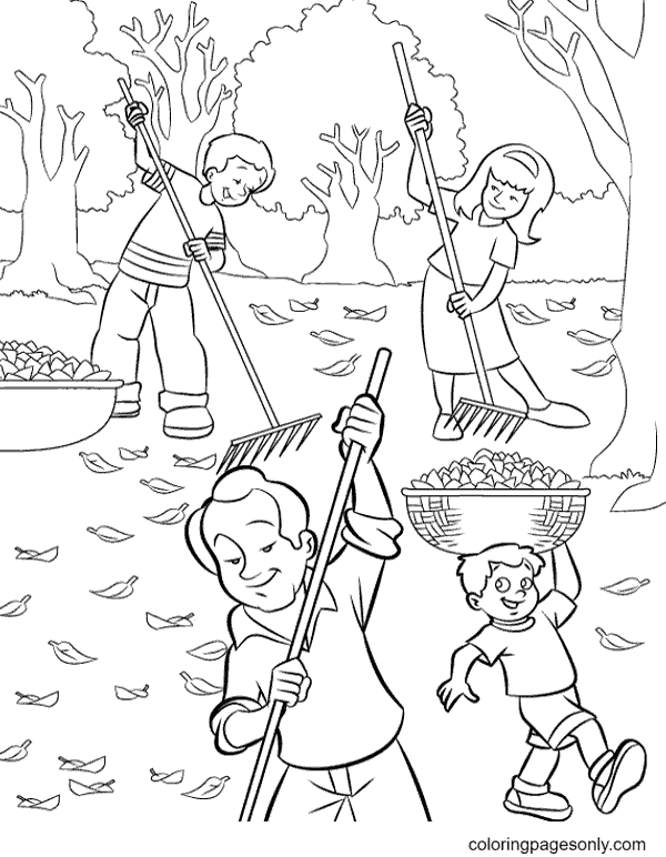 Clean Up Fallen Leaves in the Park Coloring Page