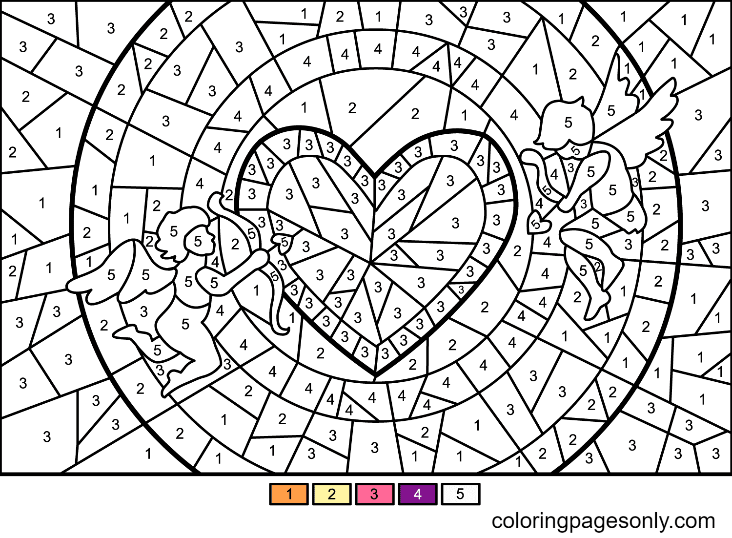 Página para colorir Cupidos e coração por número